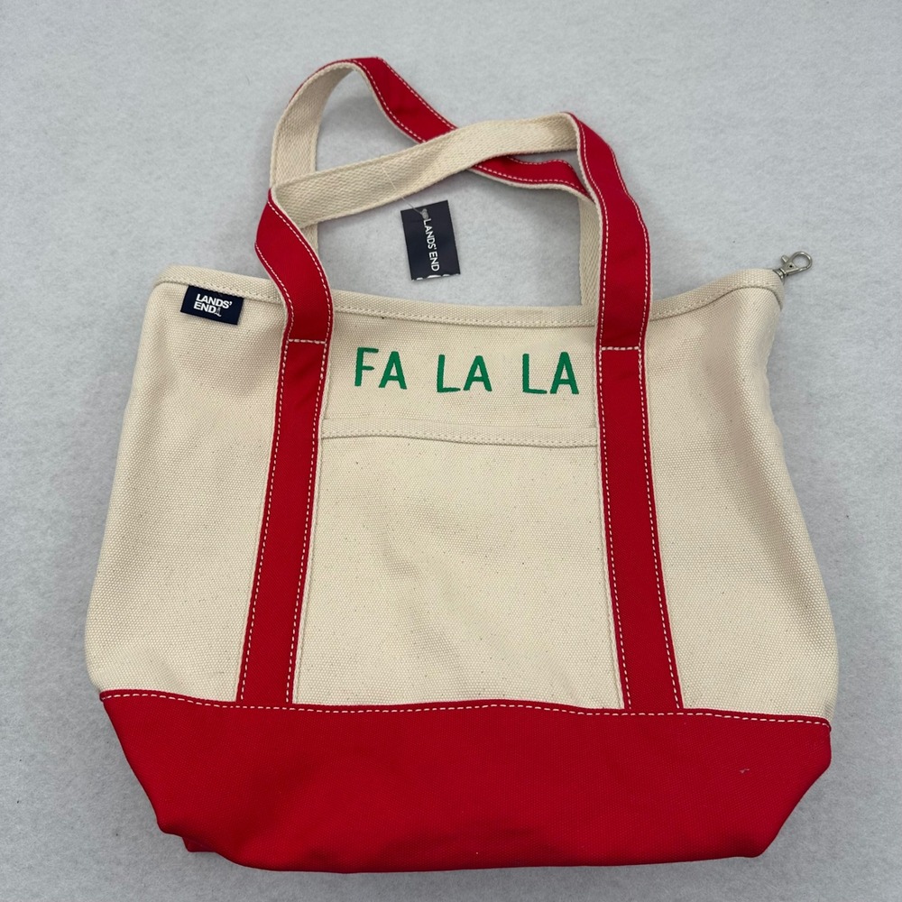 Lands End Canvas Tote Bag Medium Rich Red Fa La La Holiday Embroidery NWT New